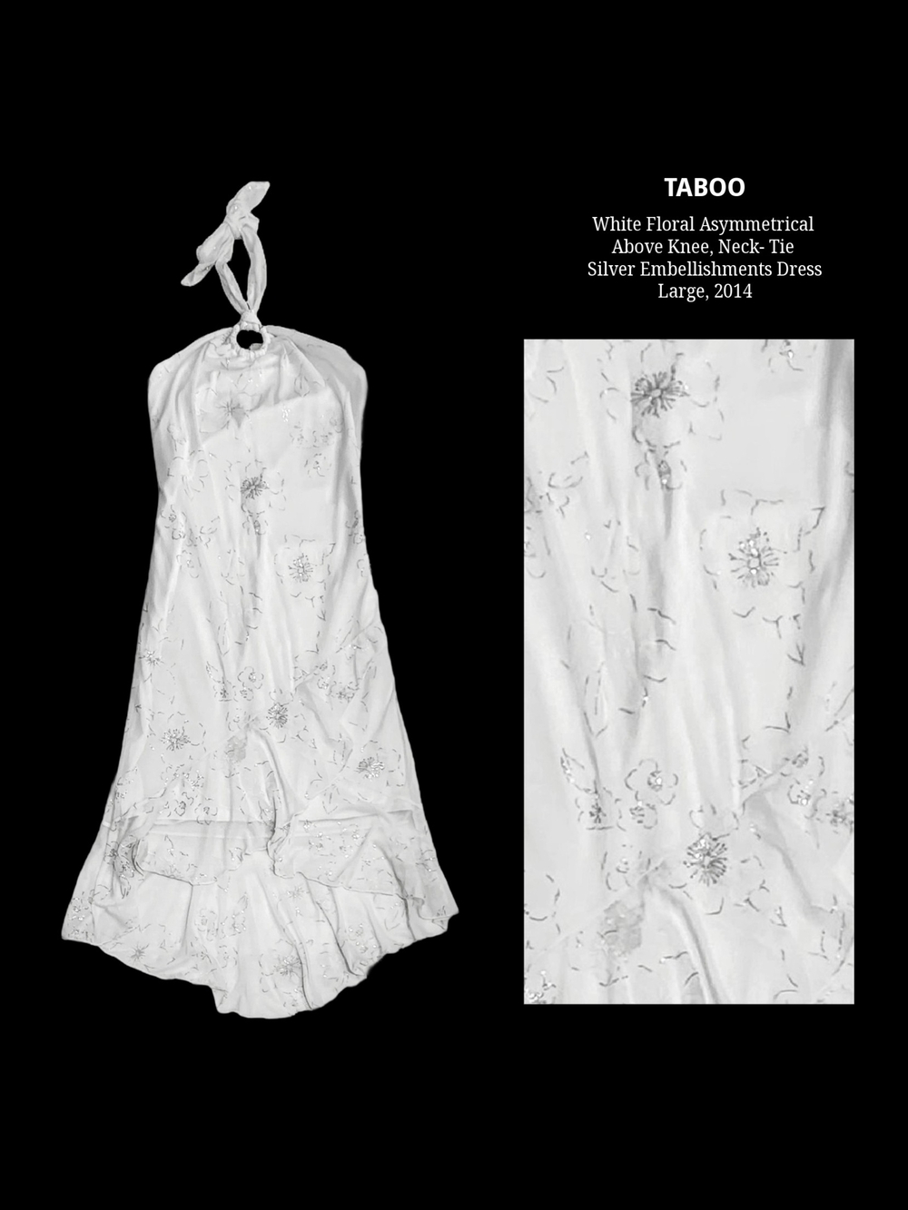 Taboo White Sikver Elegant Floral Asymmetrical Neck-Tie Dress